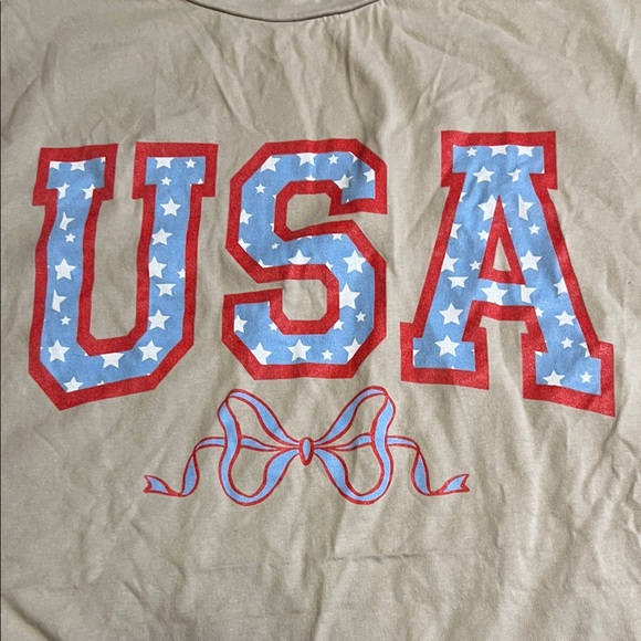 Chic Soul Women 3XL Tan USA United States Star Bow Crew Neck Short Sleeve Shirt - Picture 4 of 5